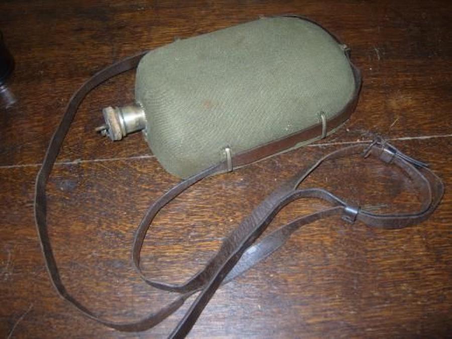 WW1 British Officers Water Bottle. Khaki cover & leather strap.