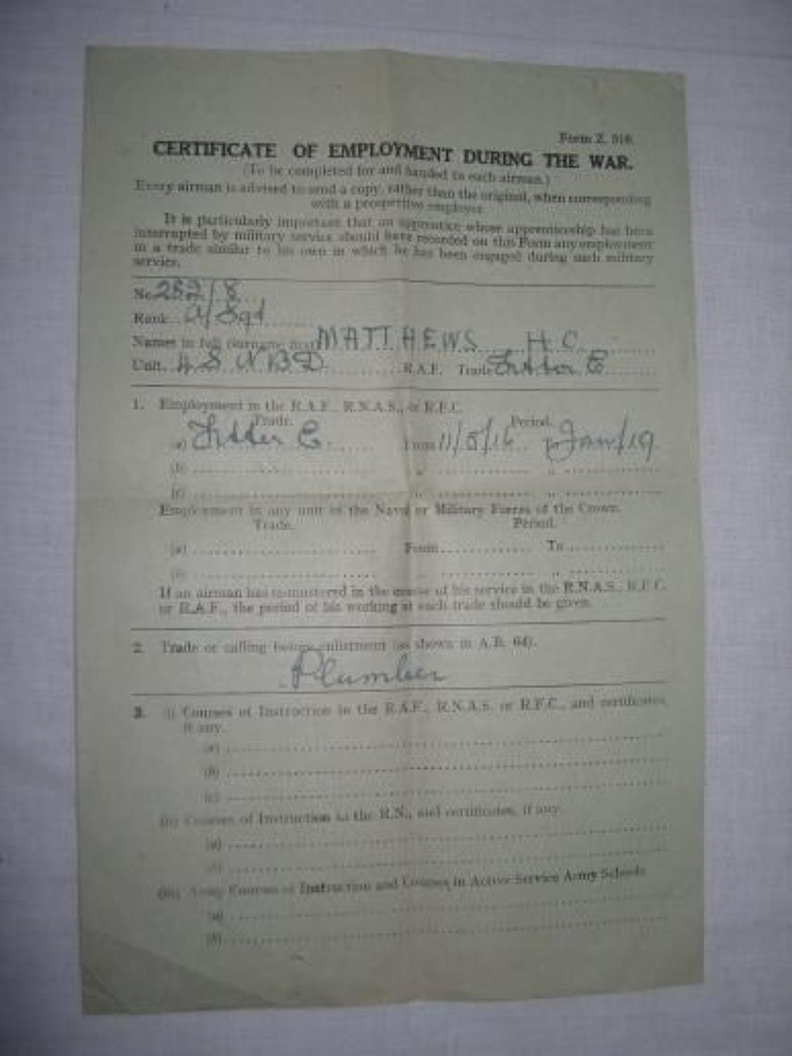 WW1 CERTIFICATE OF EMPLOYMENT RAF/ RFC