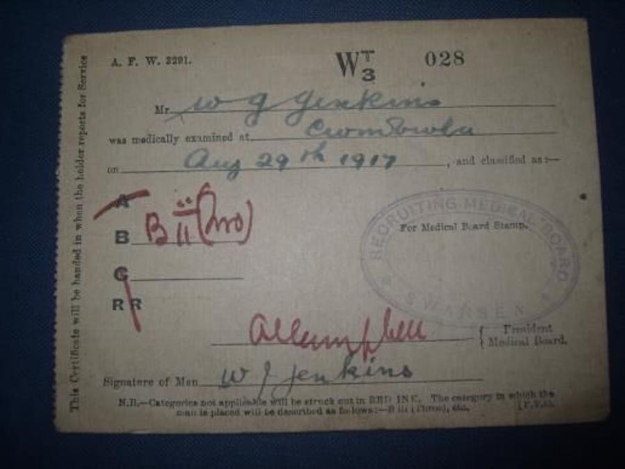 WW1 1917 DATED RECRUITING MEDICAL CARD