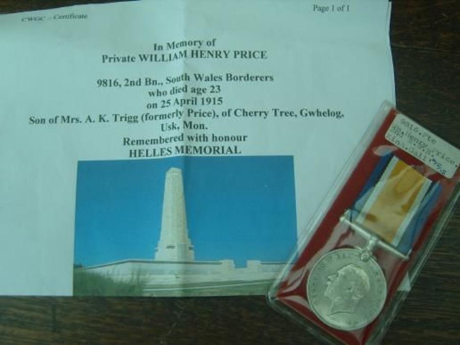 WW1 War Medal South Wales Borderers Killed First day Gallipoli