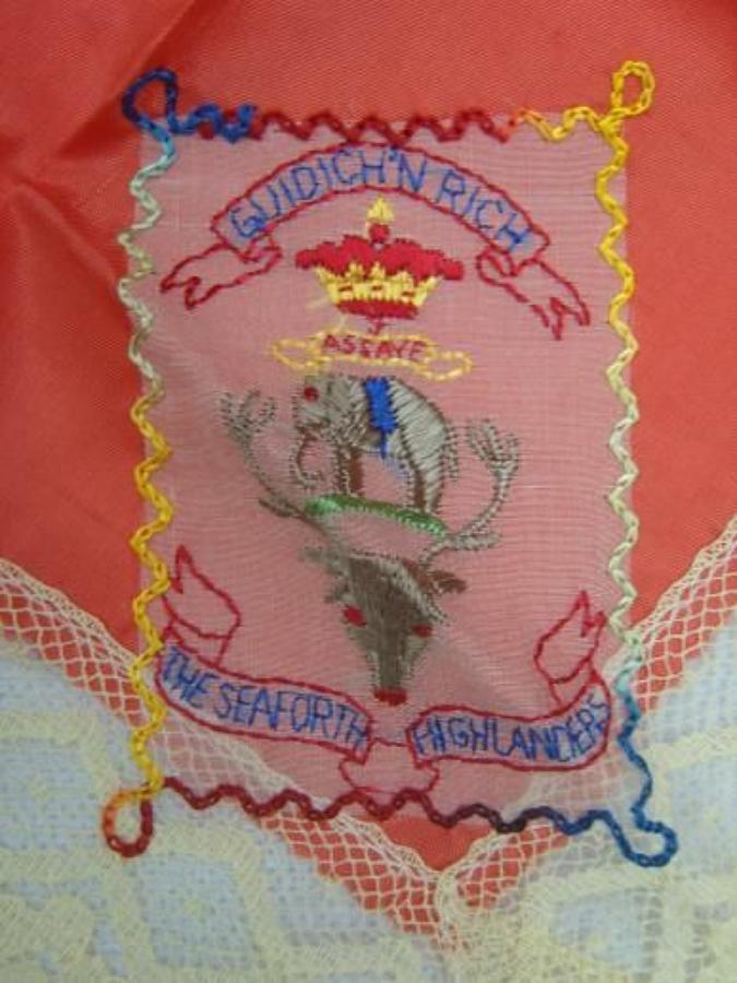WW1 Embroidered silk handkerchief: Seaforth Highlanders