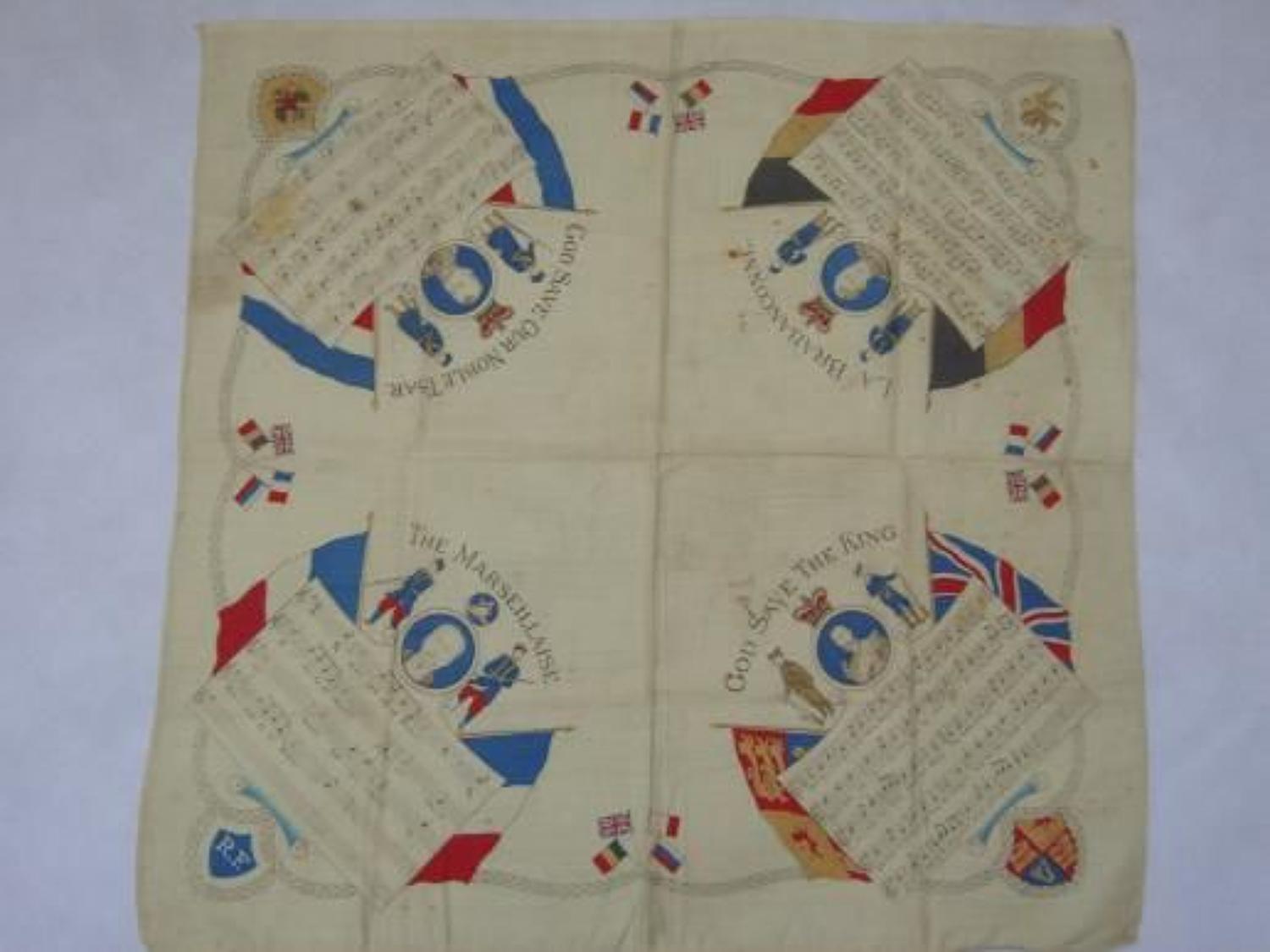 WW1 printed cotton souvenir handkerchief:  National Anthems.