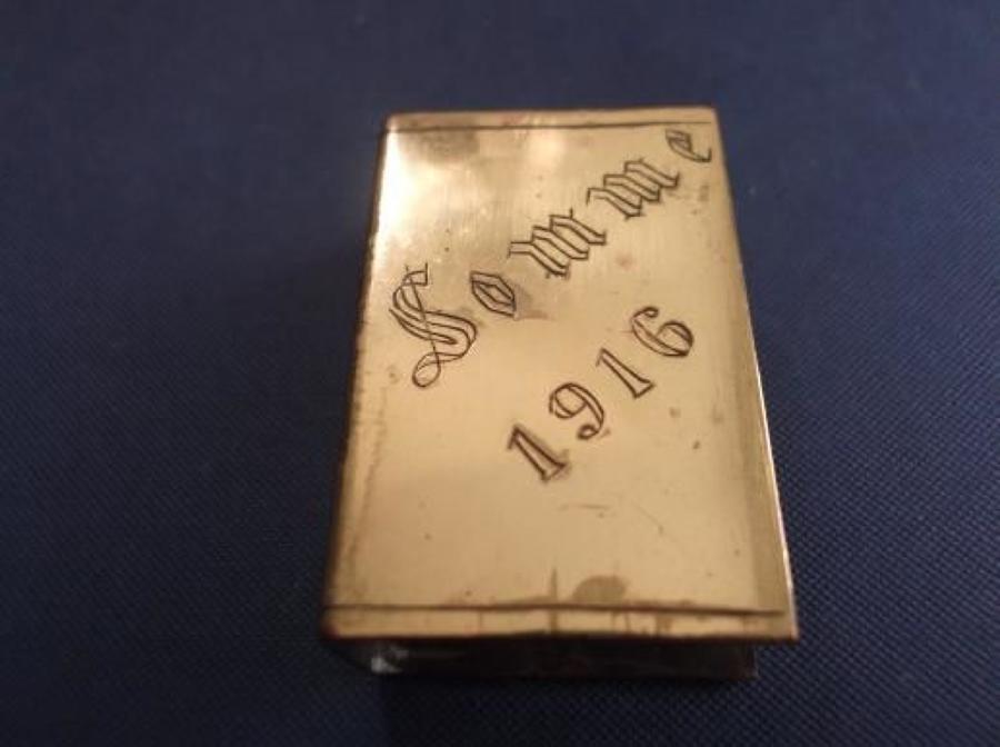 WW1 Trench Art Brass Matchbox cover SOMME 1916.