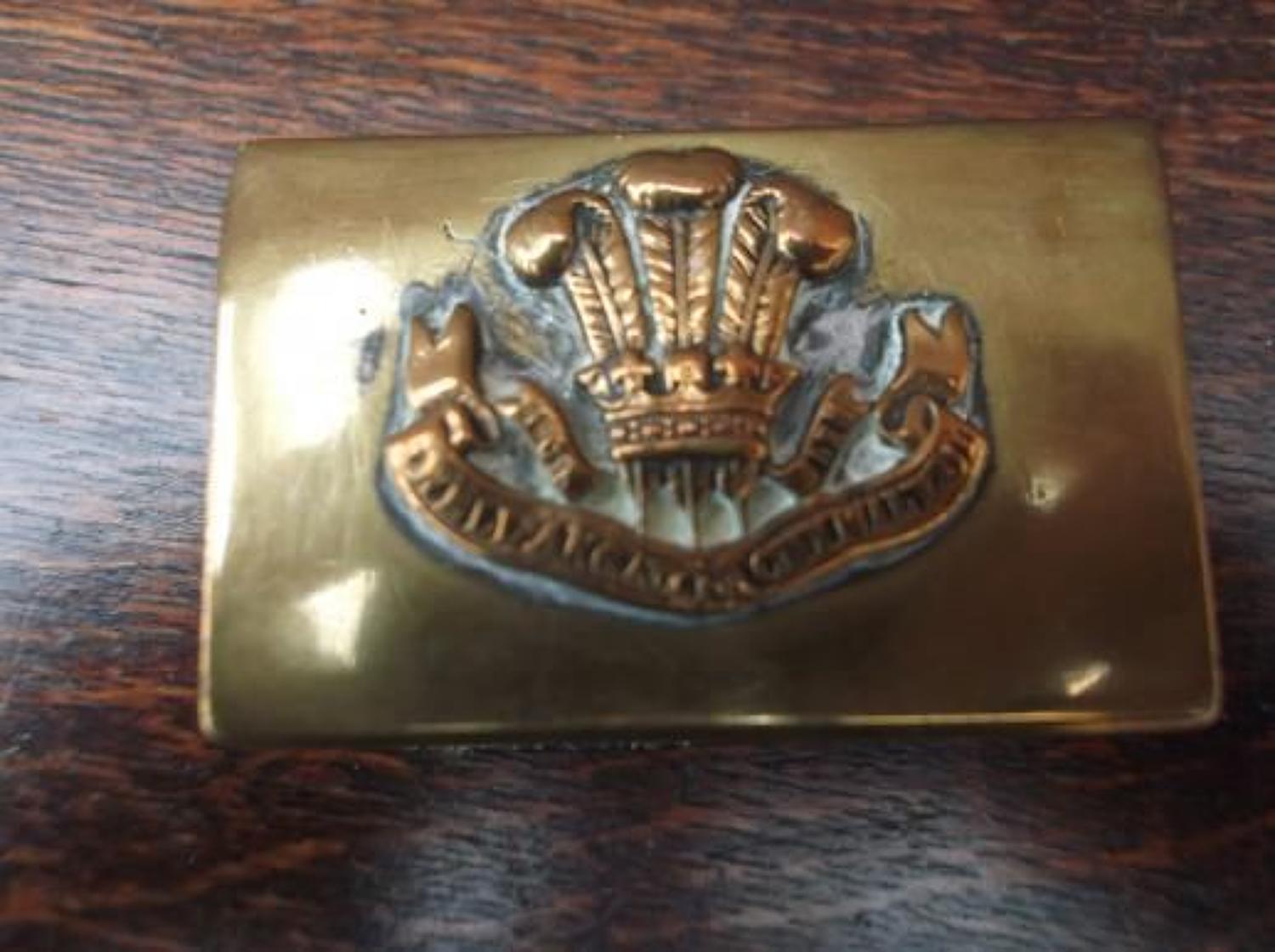 WW1 Trench Art Brass Matchbox cover of the Welsh Regiment.