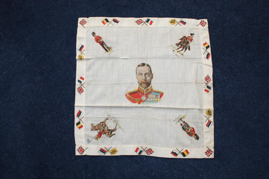 WW1 British Printed cotton handkerchief: King, flags & soldiers.