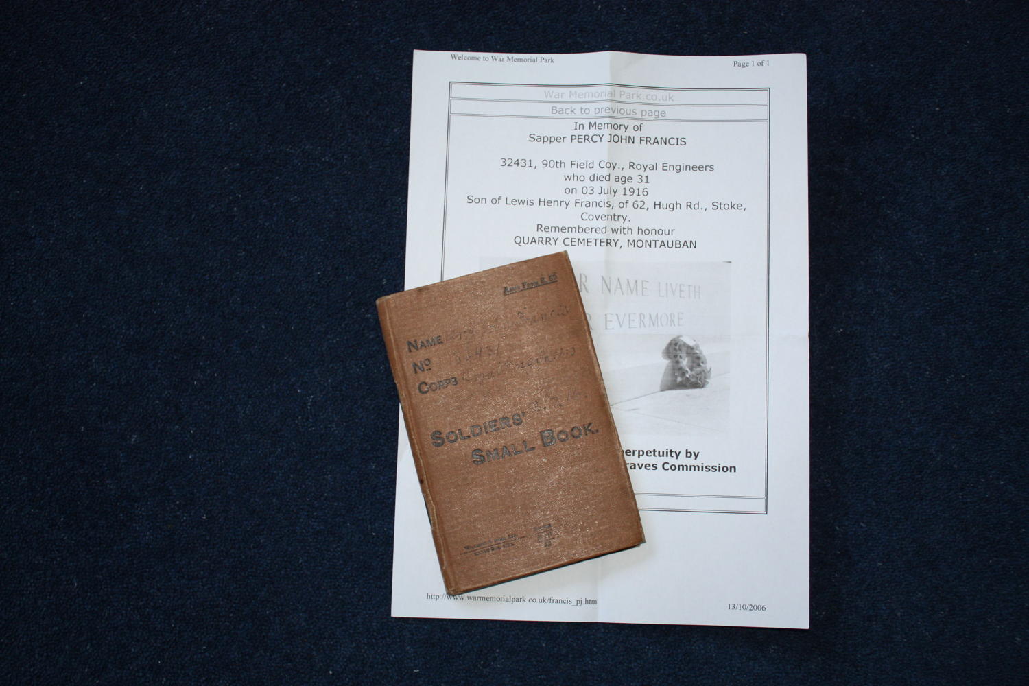 WW1 British Soldiers Small Book: Sapper Percy Francis KIA SOMME