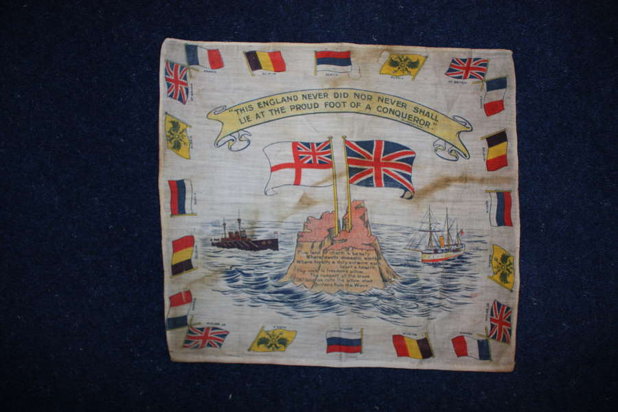 WW1 printed cotton handkerchief : Britain, Royal Navy & Allied Flags.