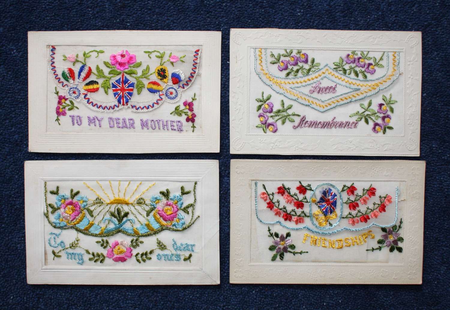 FOUR (4) EMBROIDERED WW1 SILK POSTCARDS