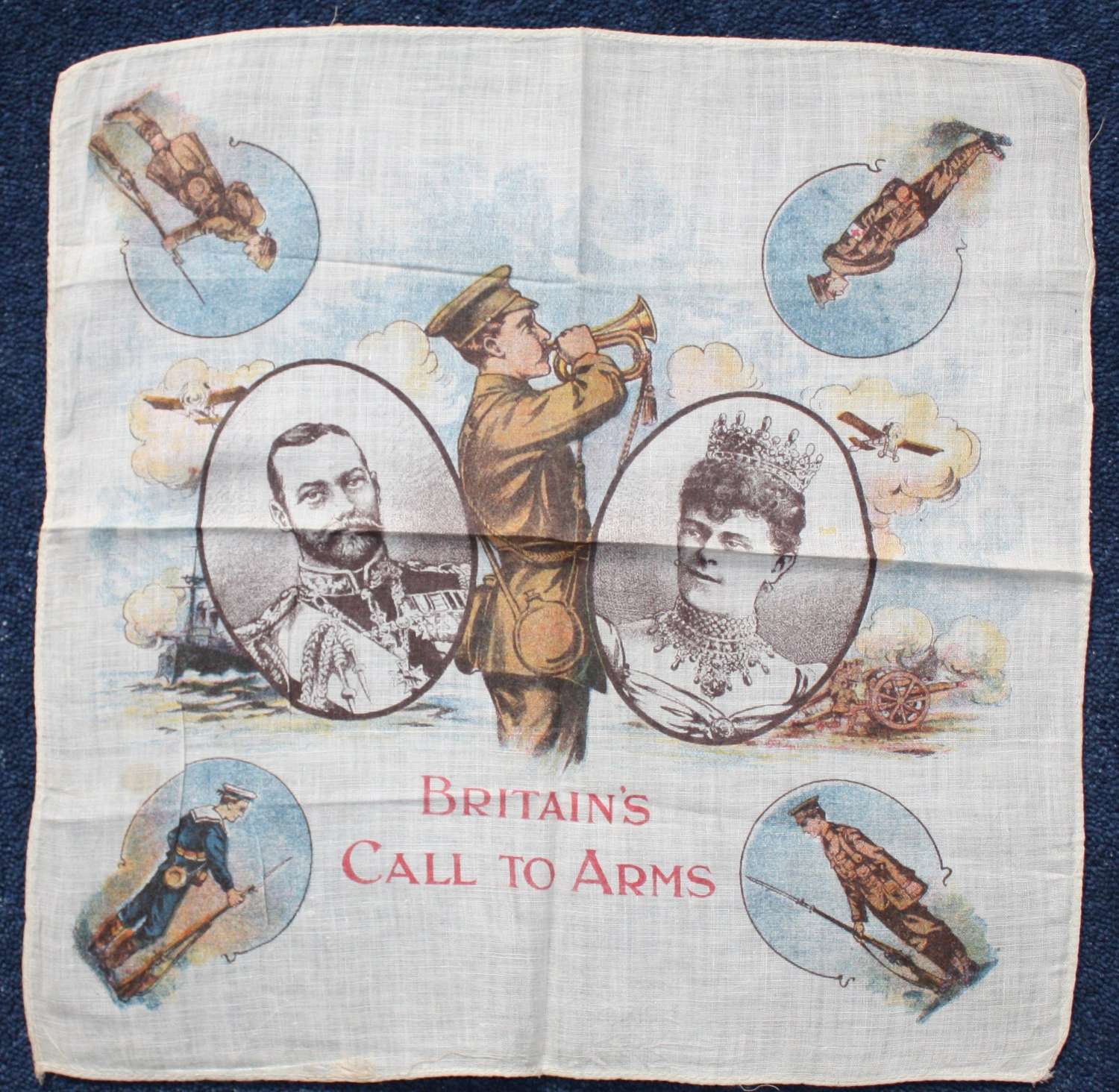 WW1 printed cotton souvenir handkerchief : Britain's Call To Arms.