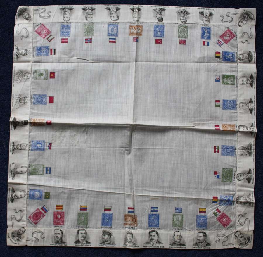 WW1 printed cotton souvenir handkerchief World leaders, flags & stamps