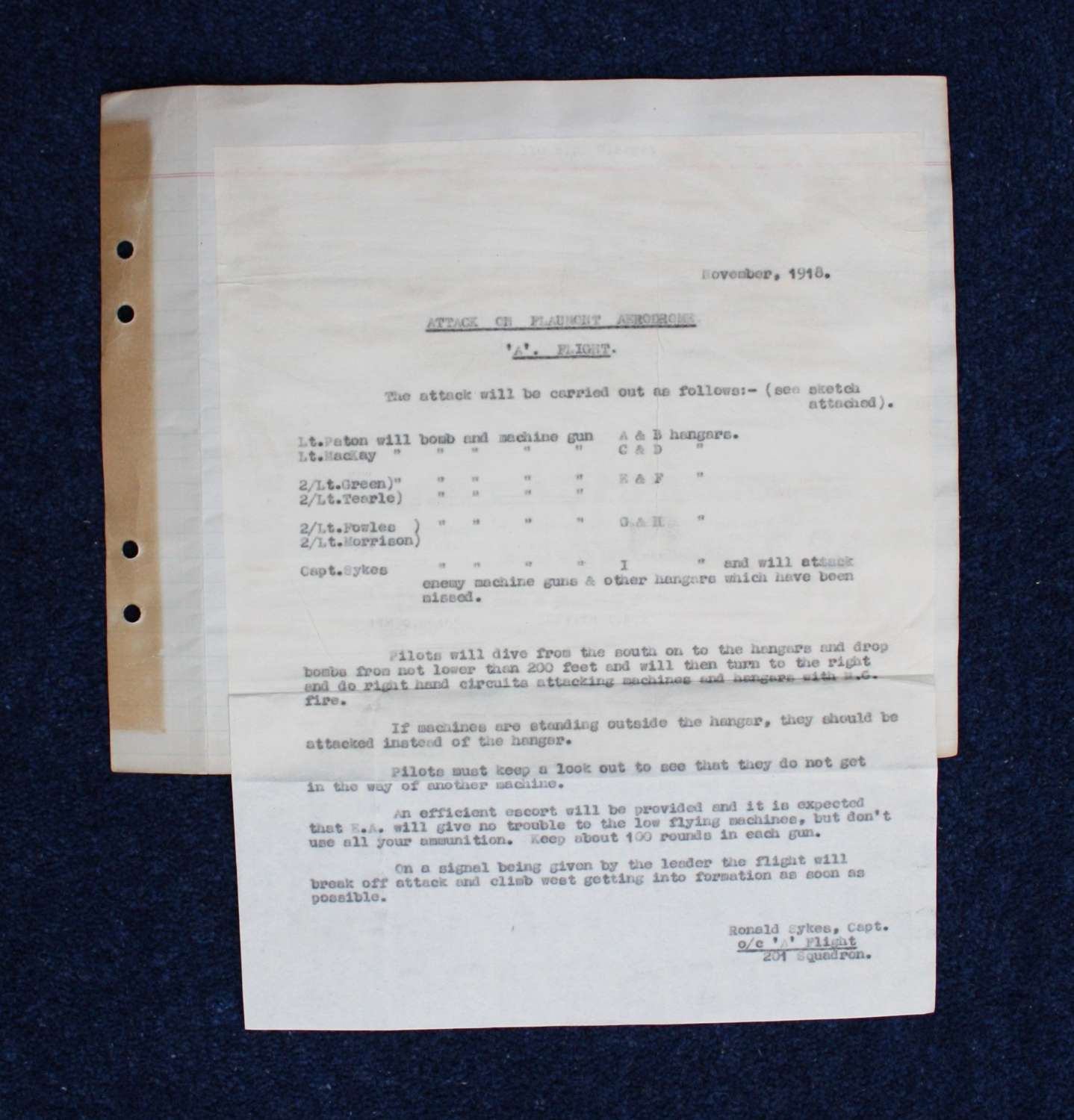 WW1 201 Squadron RAF November 1918 Pre Flight Combat Mission Details