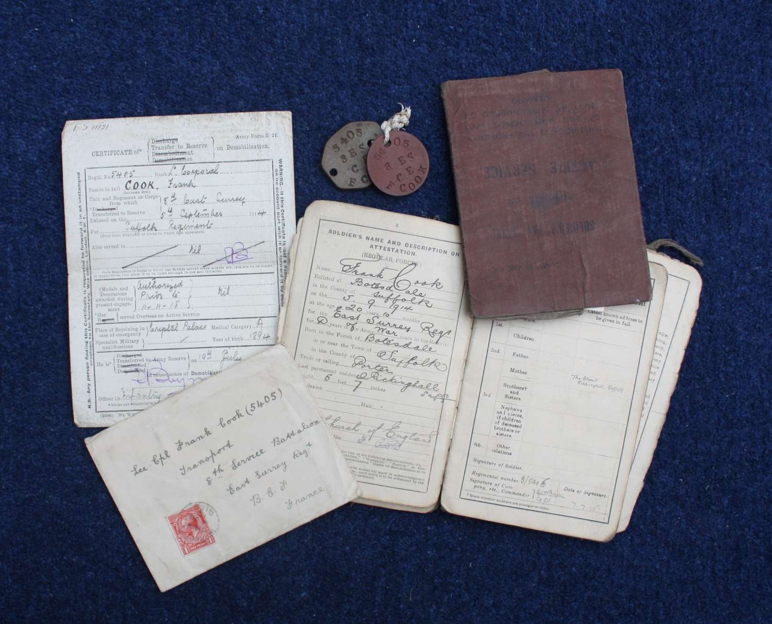WW1 British Army Pay Books to Frank Cook, ID Tags & Demob Certificate.