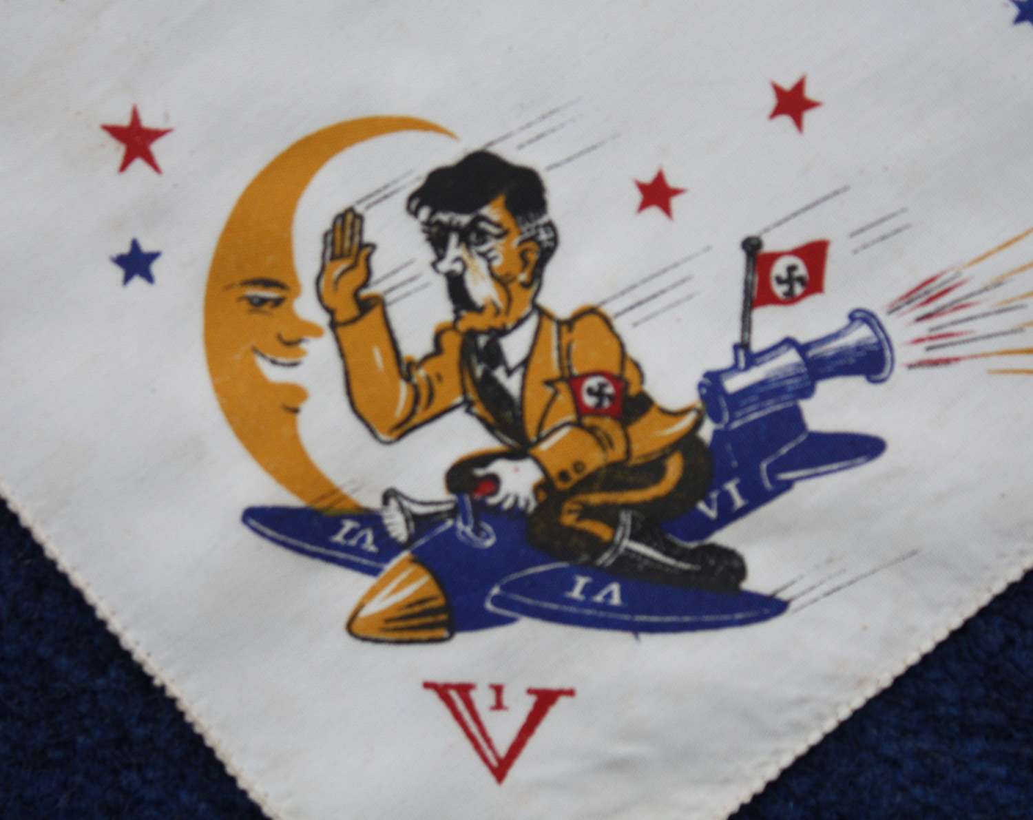 Anti Hitler Allied Propaganda Hanky. Hitler riding a V 1 Rocket
