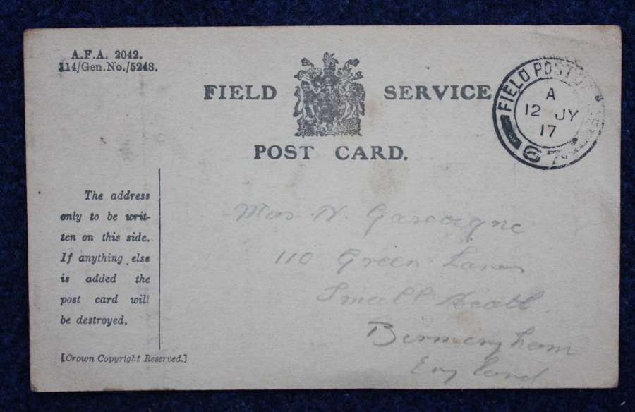Original WW1 British Field Service Postcard.