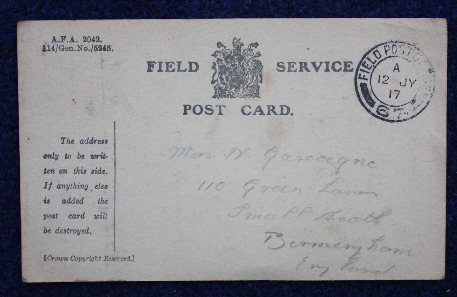 Original WW1 British Field Service Postcard.