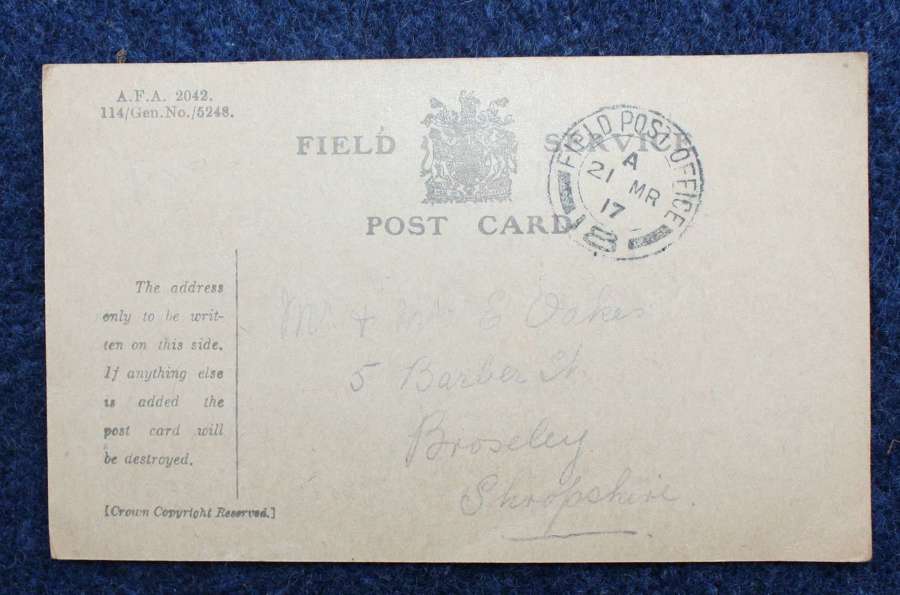 Original WW1 British Field Service Postcard. Posted to Shropshire