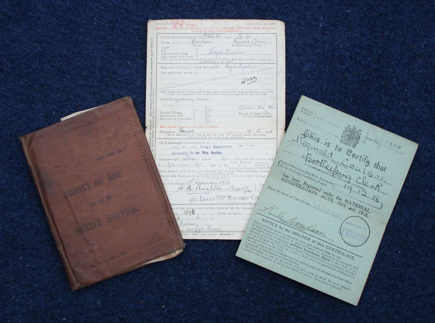 WW1 British Army Pay Book & Documents: Reginald Coulson