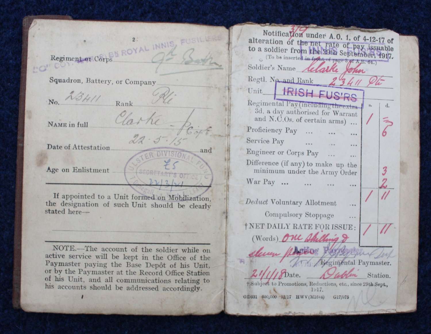 WW1 British Army Service & Pay Book: Ulster Division Innis Fusiliers
