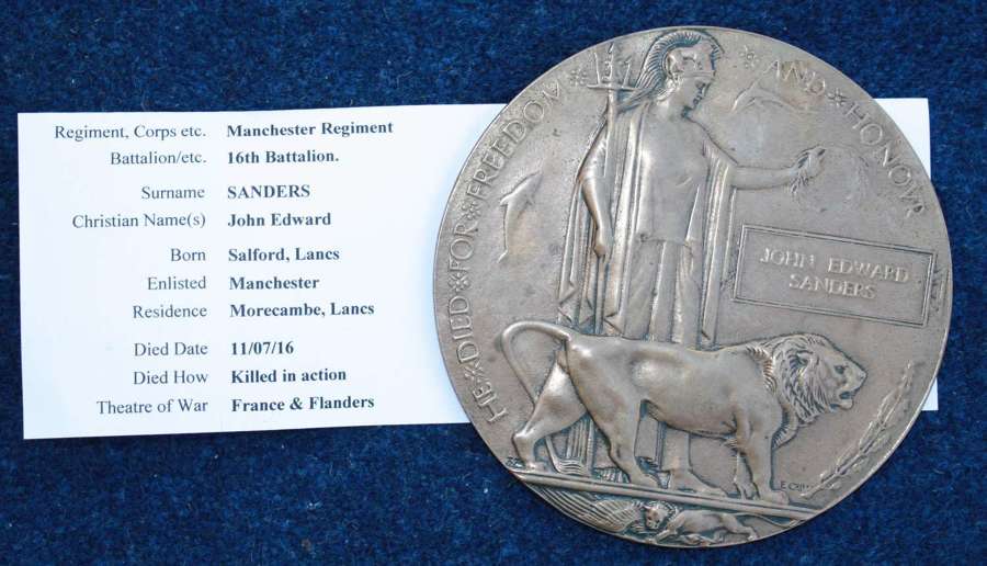 Death Plaque to John Sanders 16th Manchester Regiment 11/07/1916