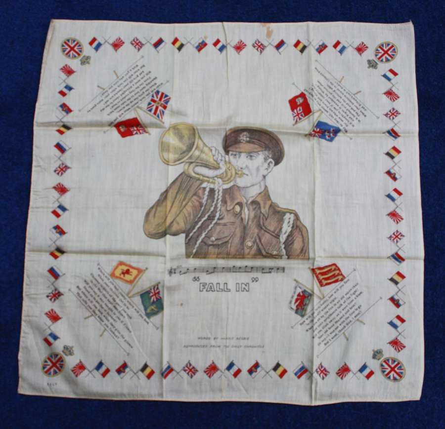 WW1 printed cotton handkerchief British Soldier Blowing Bugle Fall In
