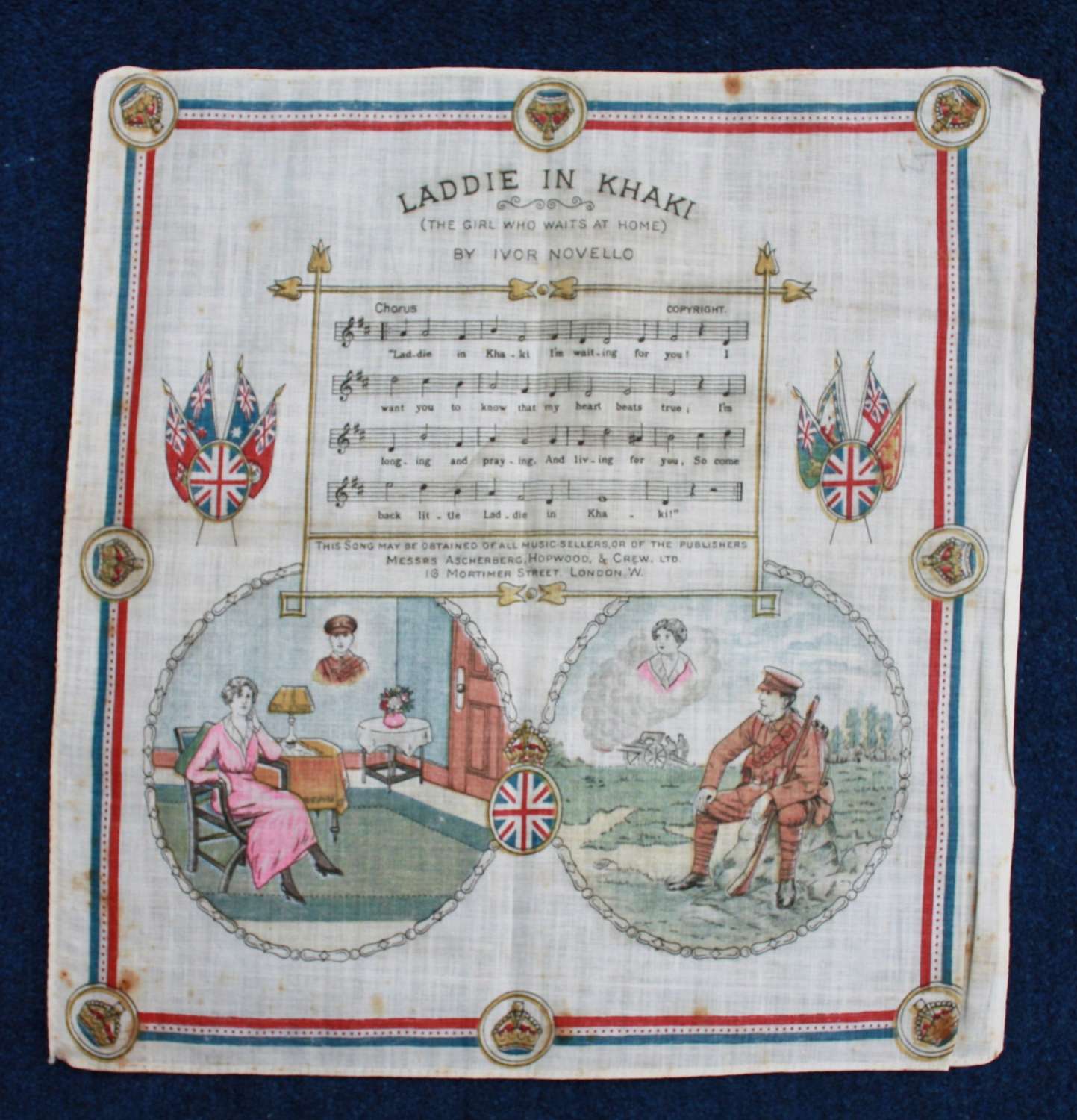 WW1 printed cotton handkerchief British Soldier dreaming of home