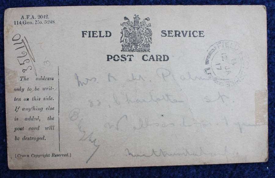 1917 Dated Field Service Postcard to Northumberland.