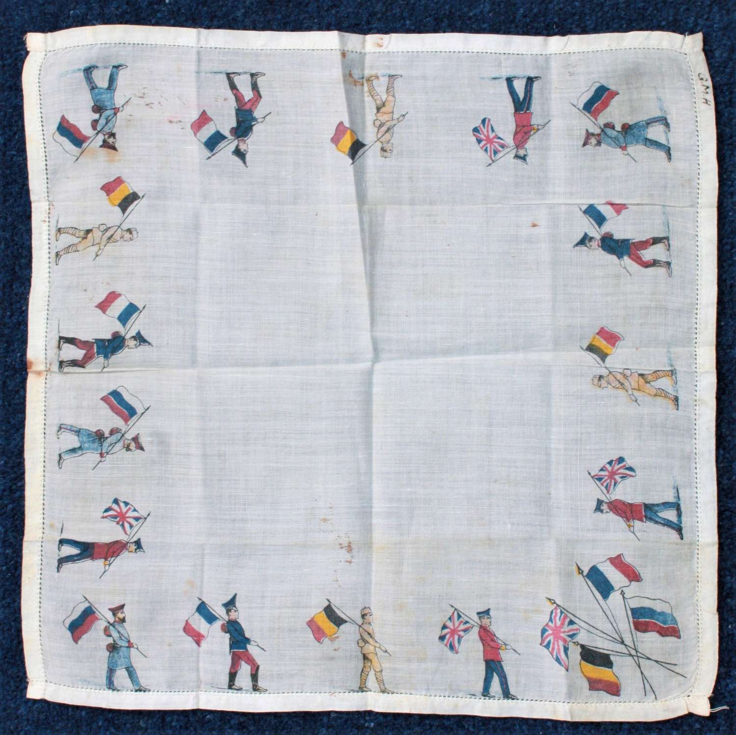Early WW1 British & Allied Soldiers carrying flags souvenir hanky..