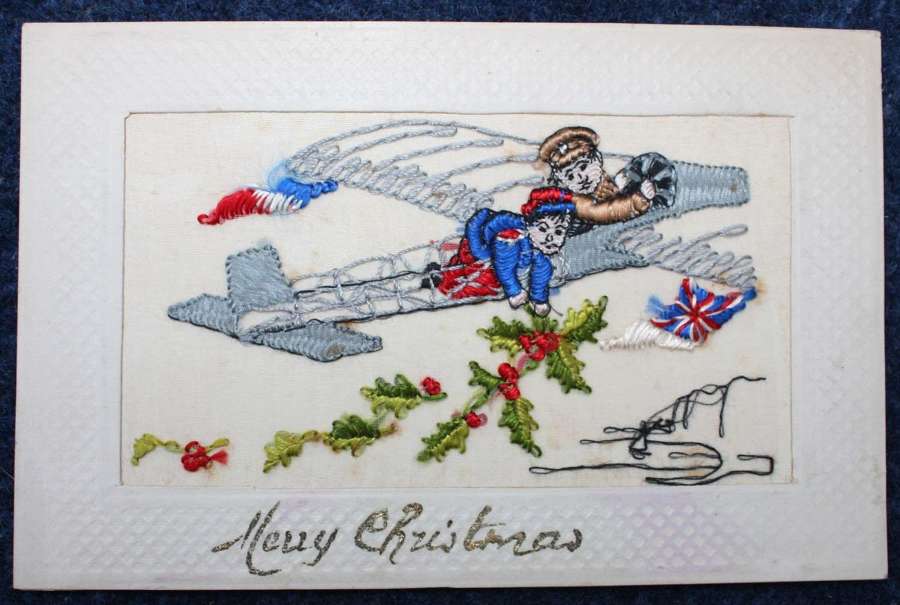 WW1 Embroidered Silk Postcard British & French Soldiers in  Aeroplane.