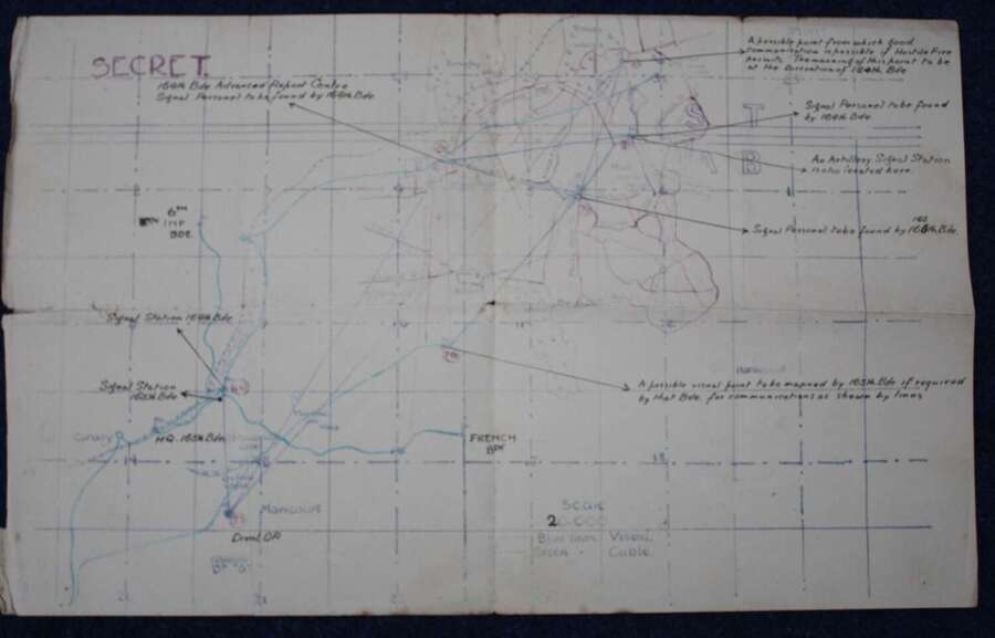 Rare WW1 Hand Drawn Map of Artillery & Signal Communication HQ of the 164/165th Brigade