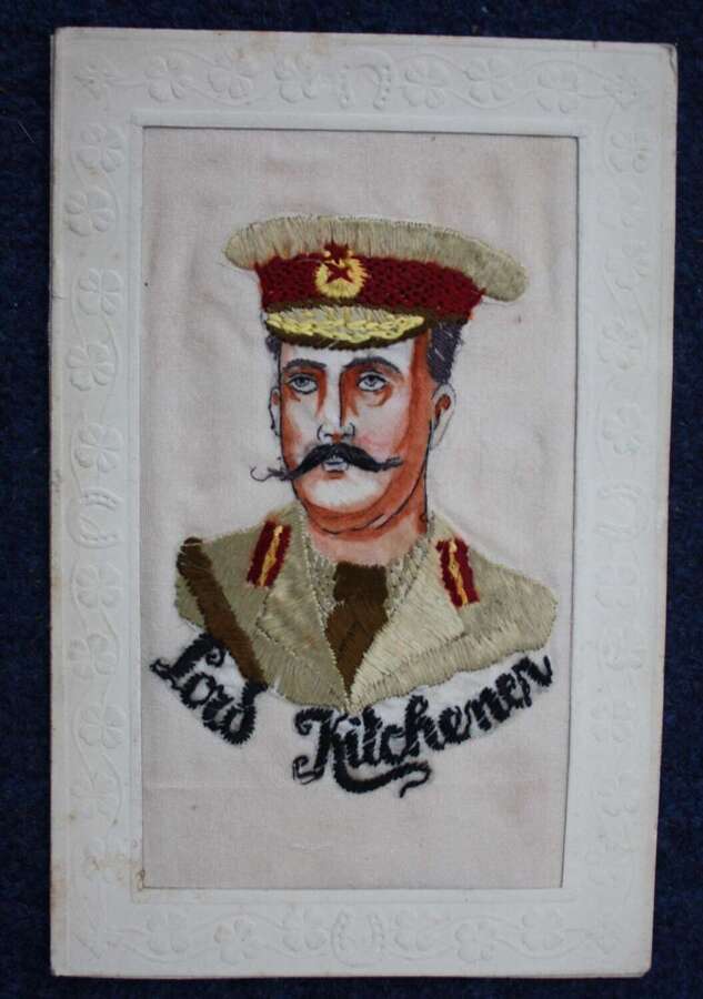 Unusual WW1 Woven & Embroidered silk postcard of Lord Kitchener.