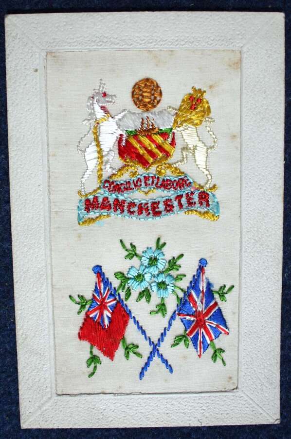 WW1 MANCHESTER REGIMENT Silk postcard. Very Good silk  and few foxing spots.