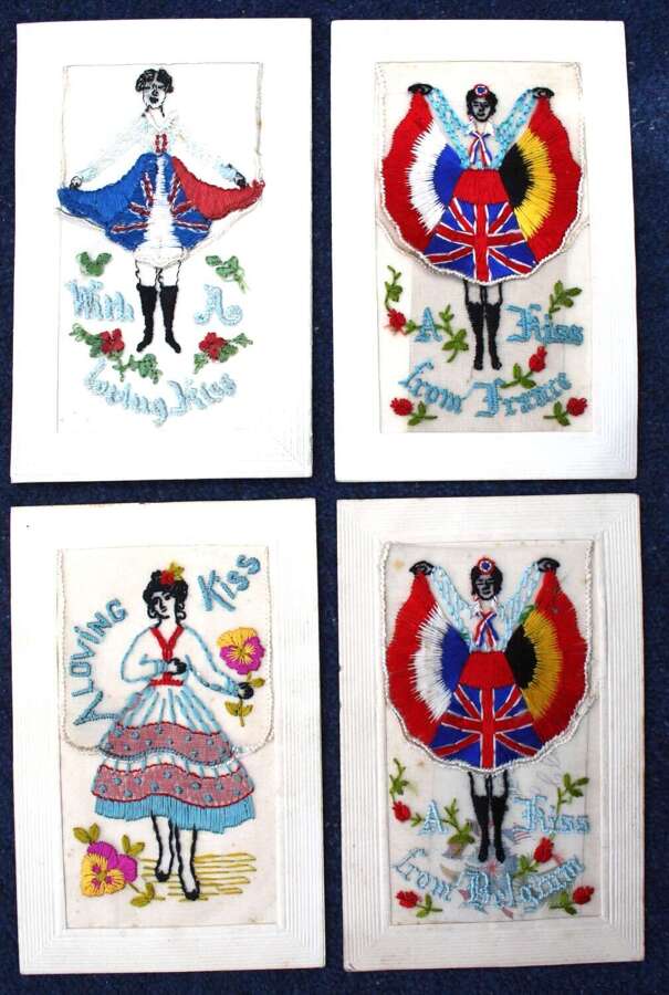 Four French Girls WW1 Silk postcards. Very Good condition.