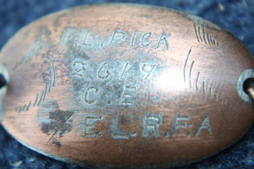 WW1 O/R Private ID Wrist badge. Named to FL Pick 2619 East Lancashire RFA