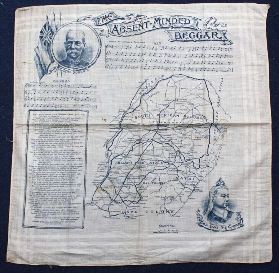British Patriotic Boer War Printed Cotton Map. Absent minded Beggar