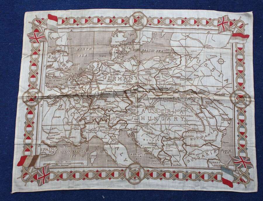 WW1 British Patriotic Hanky map of Europe. Measures 19 x 24  inches.
