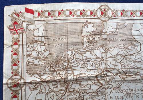 WW1 British Patriotic Hanky map of Europe. Measures 19 x 24  inches.